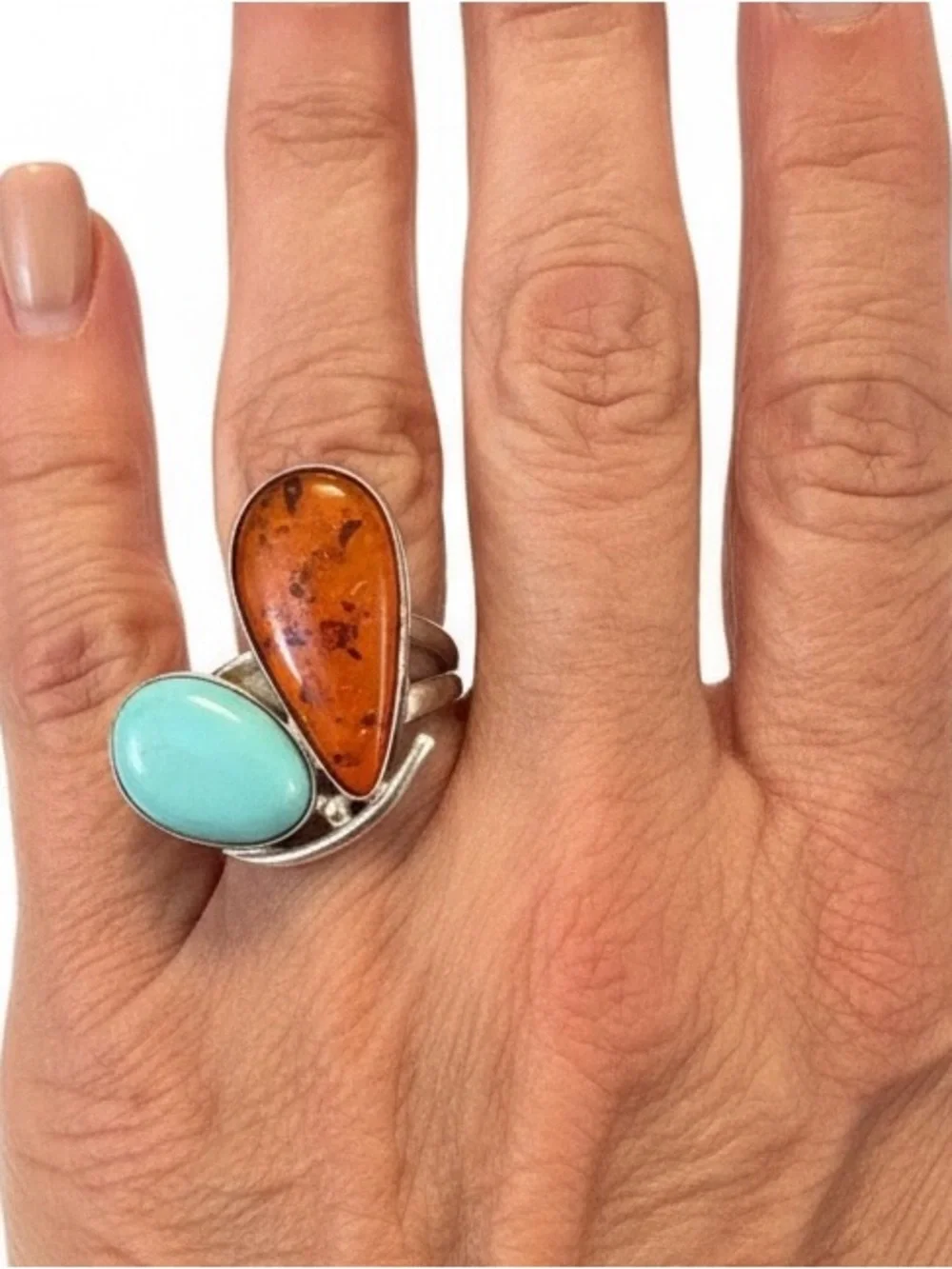 Sterling Silver Turquoise & Amber Teardrop Ring Marked 925 and Maker is Stamped